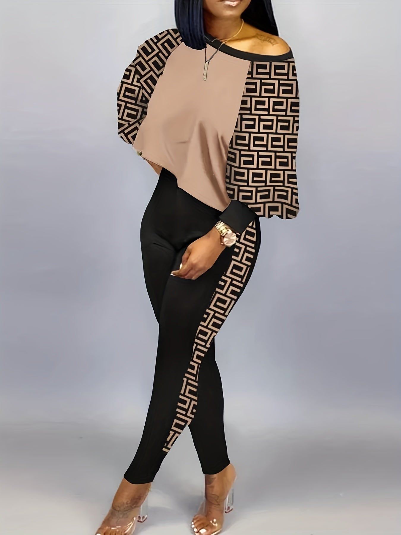 Colorblock Greek Print Lantern Sleeve Top & Pants Set