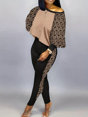 Colorblock Greek Print Lantern Sleeve Top & Pants Set