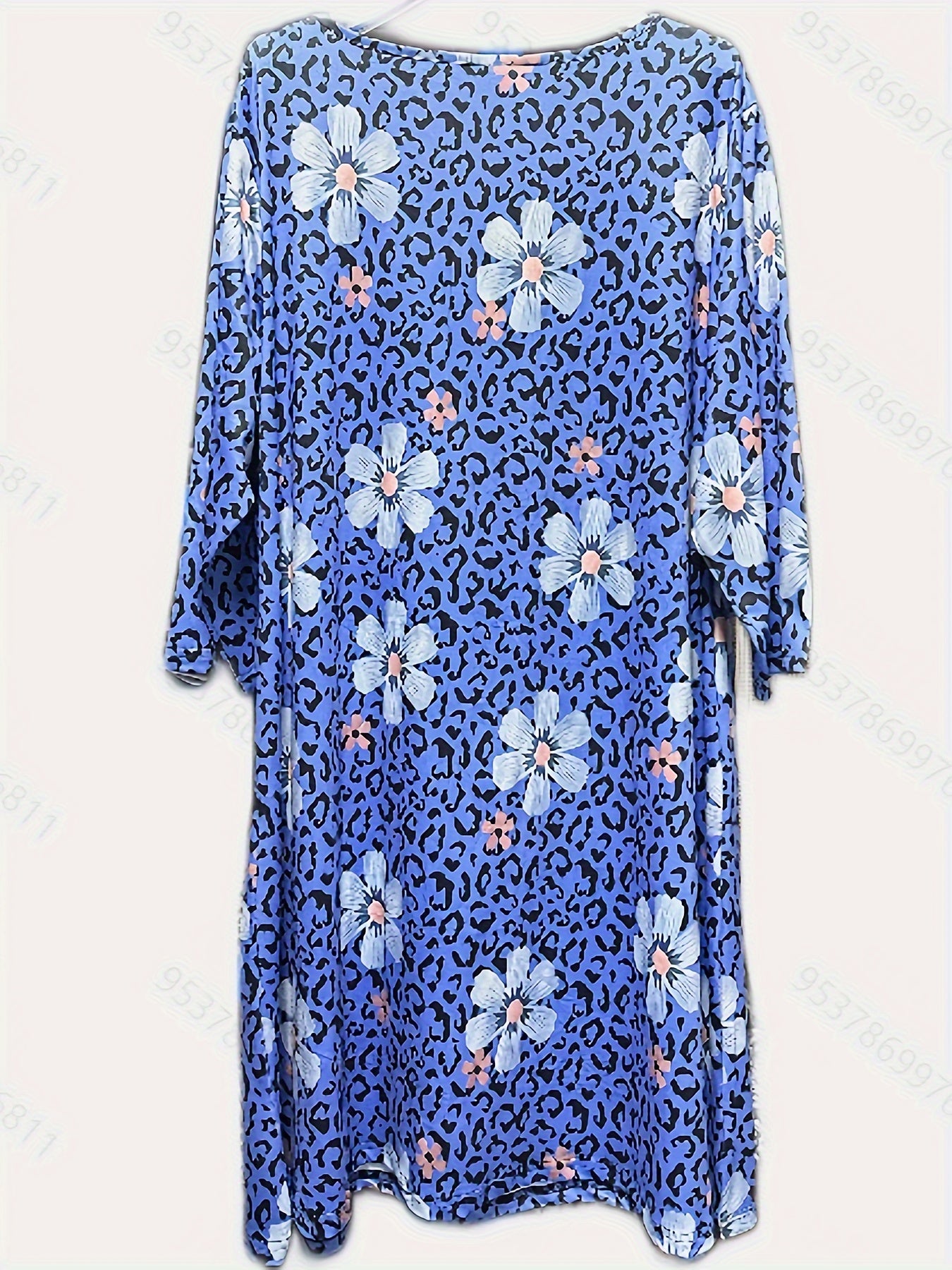 Plus Floral & Leopard Print Zipper Long Sleeve Dress