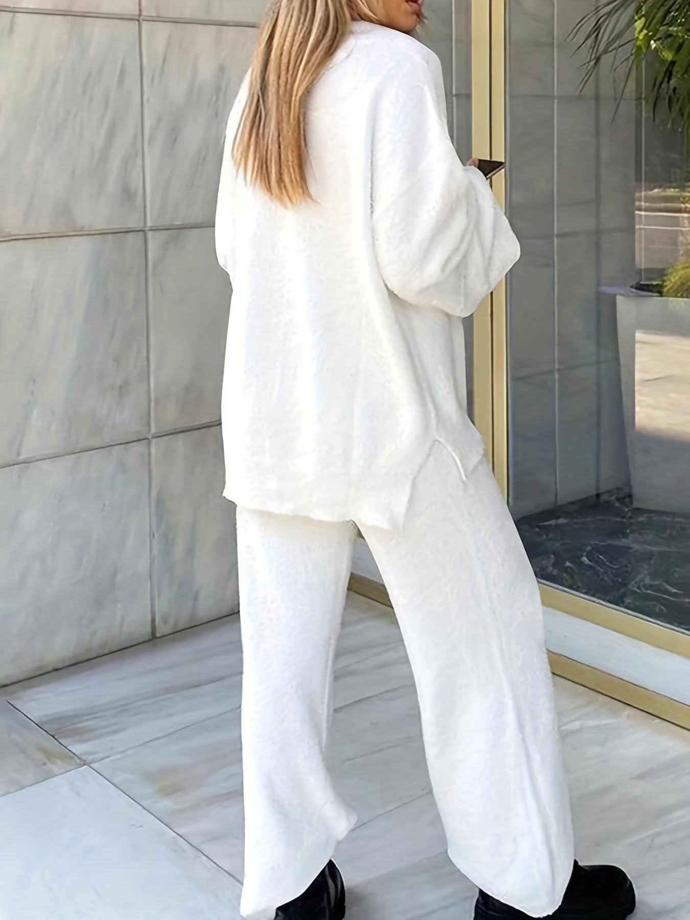 Fuzzy Two piece Set V Neck Long Sleeve Top & Wide Leg Pants