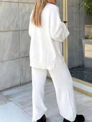 Fuzzy Two piece Set V Neck Long Sleeve Top & Wide Leg Pants