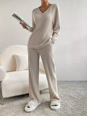 Solid Ribbed Long Sleeve V Neck Top & Pants Outfit Set
