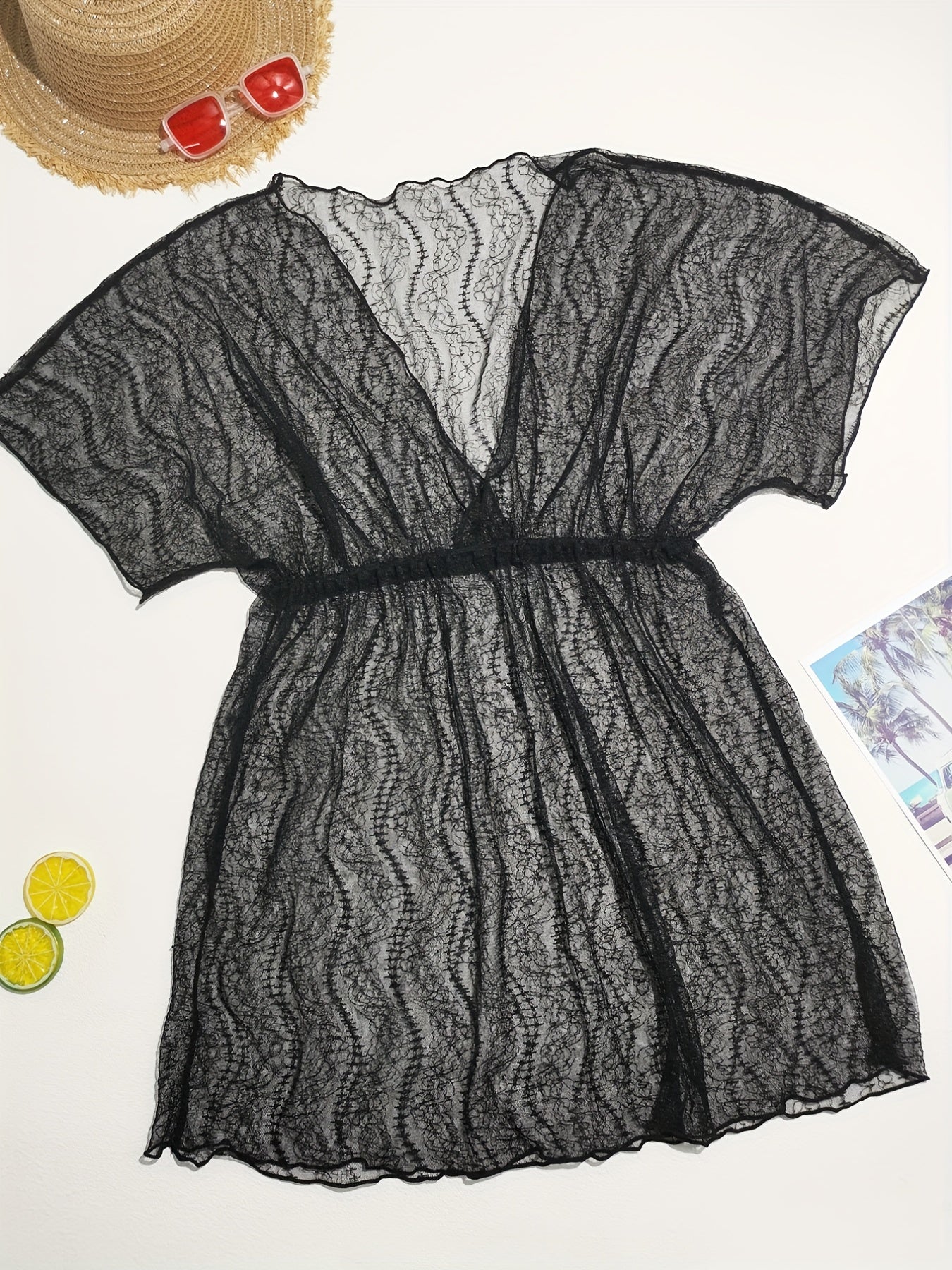 V Neck Cover Up Dress Semi Sheer Short Sleeves Beachwear Dress
