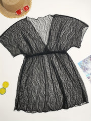 V Neck Cover Up Dress Semi Sheer Short Sleeves Beachwear Dress