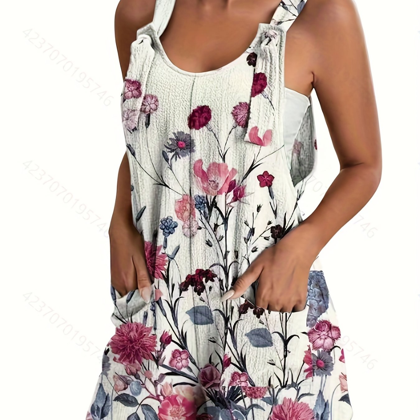 Floral Print Overall Romper Casual Sleeveless Pocket Front Romper