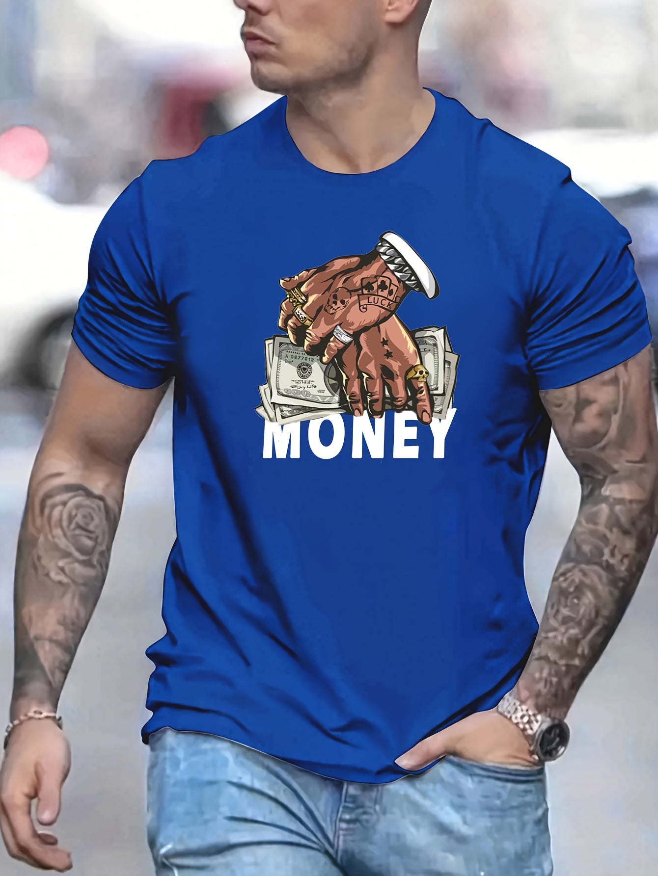 Cartoon Money & Hands Graphic Crew Neck T-shirt for Men