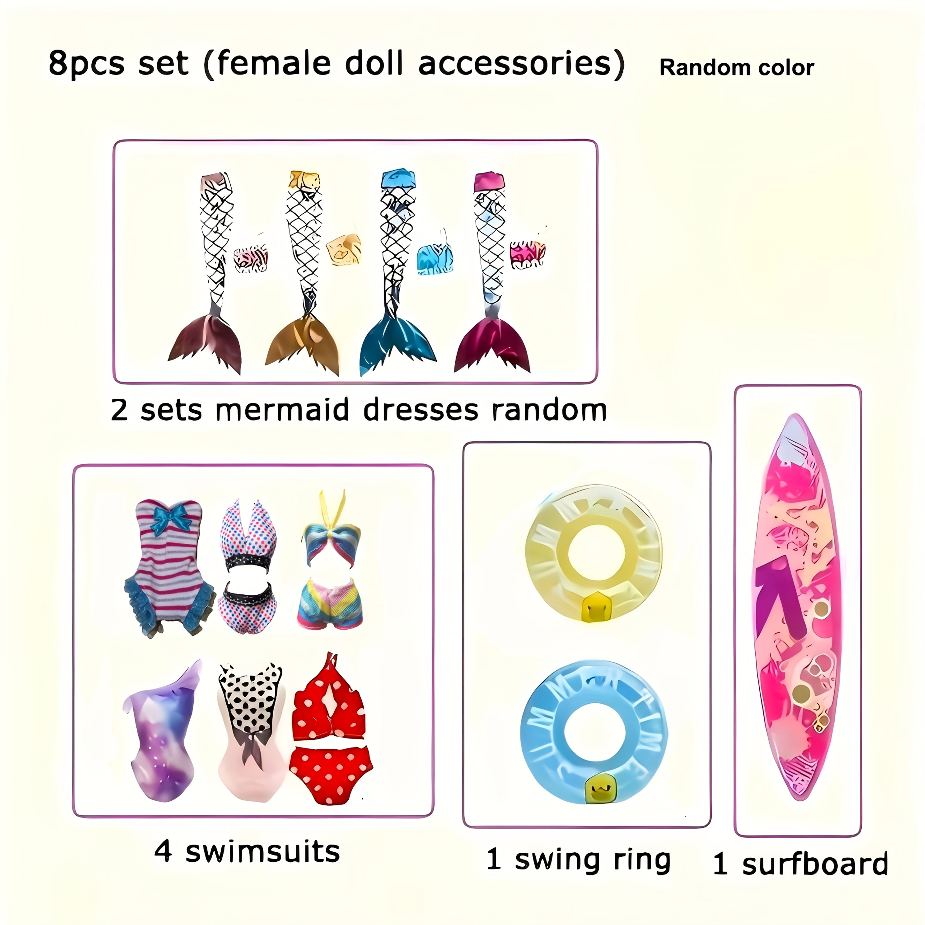 8pcs Doll Swimsuit Set 4 Swimsuits 2 Mermaid Skirts Surfboard Bikini Beach Toys