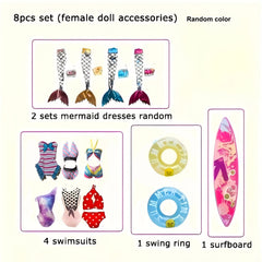8pcs Doll Swimsuit Set 4 Swimsuits 2 Mermaid Skirts Surfboard Bikini Beach Toys