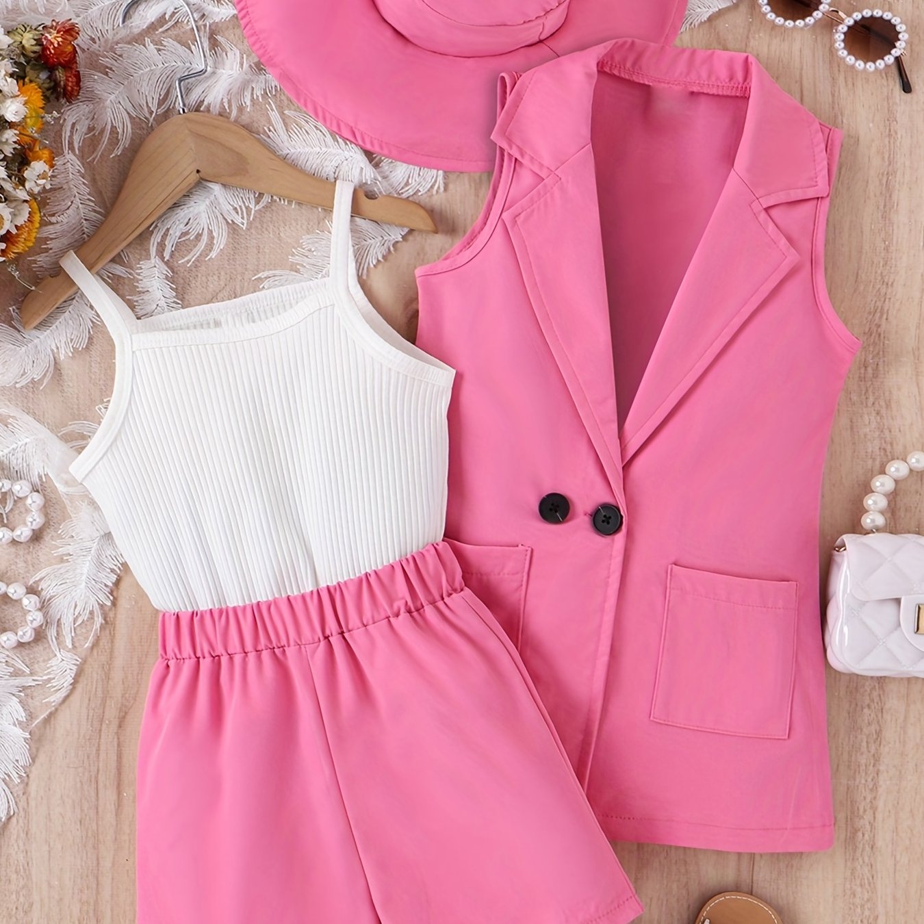 Girls 4pcs Summer Vest, Strip Top, Shorts, Hat Set