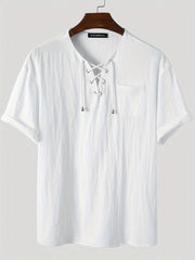 INCERUN Men's Cotton Short Sleeve Lace Up Shirts Hippie Baggy V Neck Tee