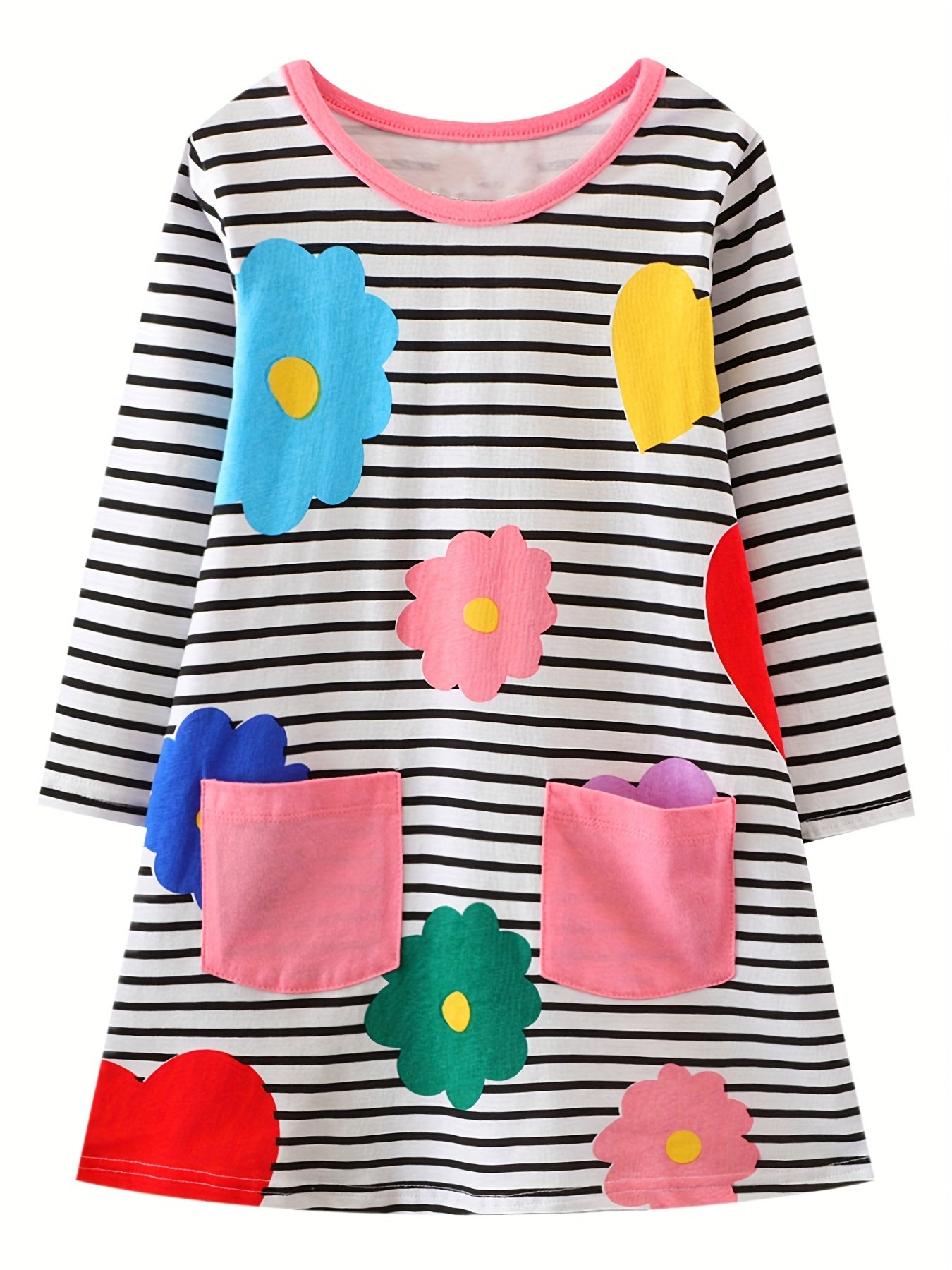 Girls' Cartoon Flowers Applique Striped Long Sleeve Dress