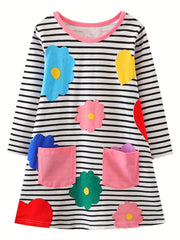 Girls' Cartoon Flowers Applique Striped Long Sleeve Dress