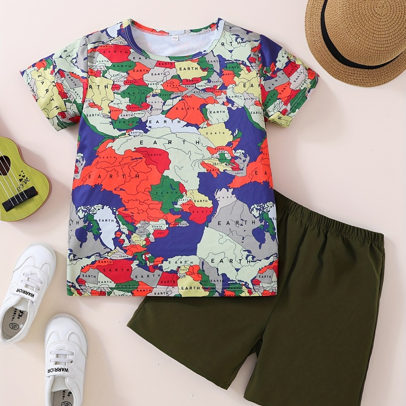 Boys Map Print Casual Outfit Round Neck T shirt & Shorts Set