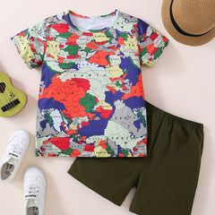 Boys Map Print Casual Outfit Round Neck T shirt & Shorts Set