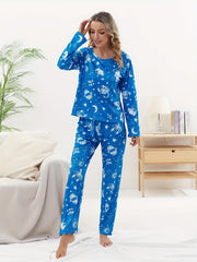 Fish Print Pajama Set Long Sleeve Top & Pants Women's Sleepwear
