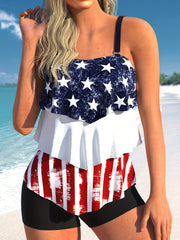 Flag Print Ruffle Trim Tankini Set