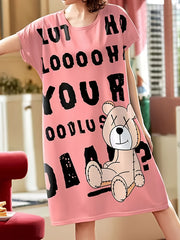 Bear & Letter Print Pajama Dress Crew Neck Long Nightdress