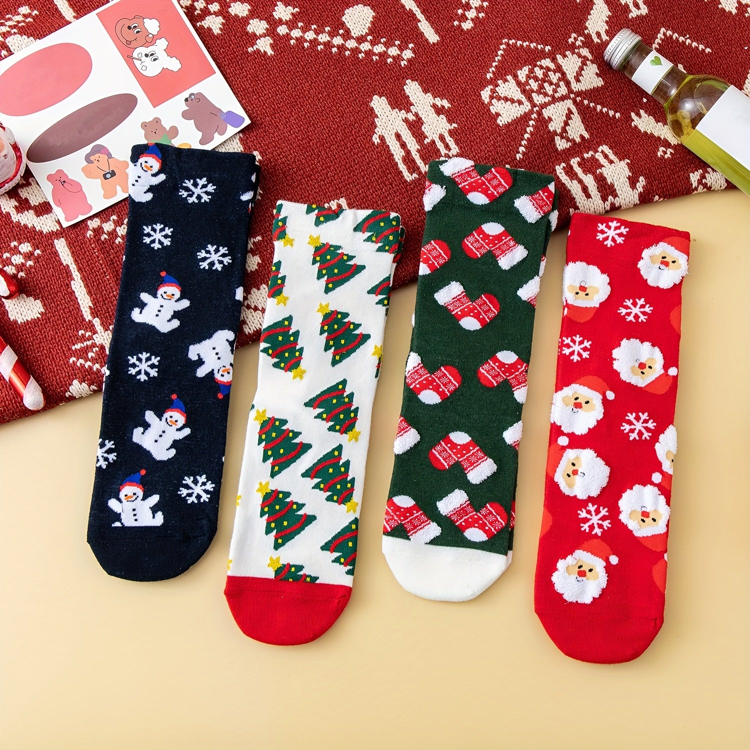 4 Pairs Christmas Print Socks Warm & Mid Tube Women's Stockings
