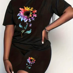 Women's Plus Sunflower Print Top & Shorts Two Piece Set
