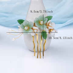 Green Glass Flower Leaves Crystal Faux Pearl Hair Comb Vintage Bridal Jewelry