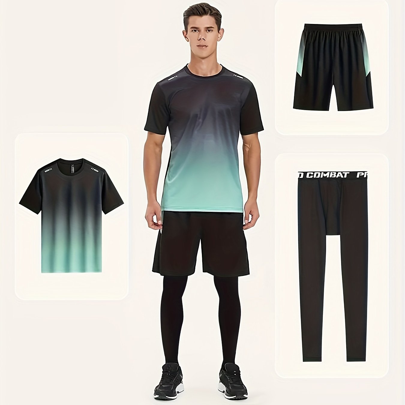 Men's Gradient T-shirt Active Shorts Leggings Set for Basketball Fitness