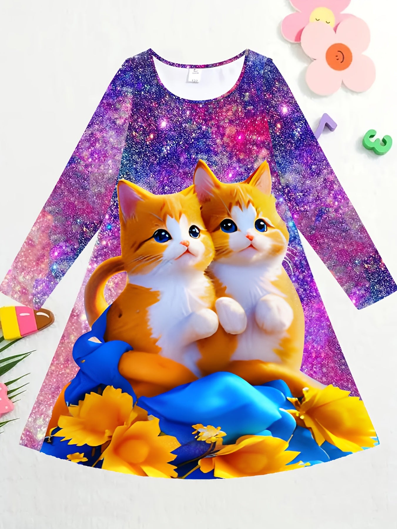 Girls 3D Kitty Long Sleeve Dress for Spring Fall