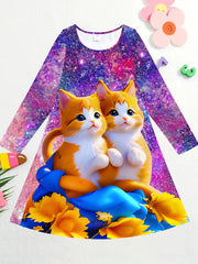 Girls 3D Kitty Long Sleeve Dress for Spring Fall
