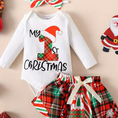 Baby Girls Christmas Romper Set Long Sleeve Letter Graphic Jumpsuit & Short Skir