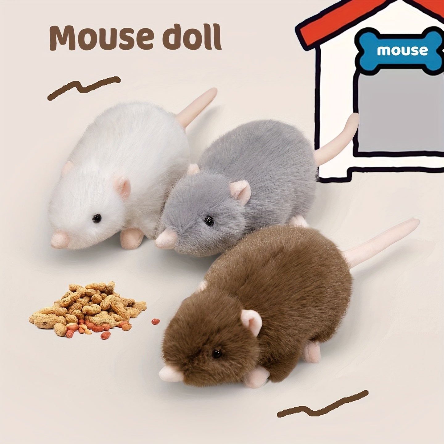 Soft Plush Mouse Toy Realistic Stuffed Animal with Brown & Olive Green Stripes