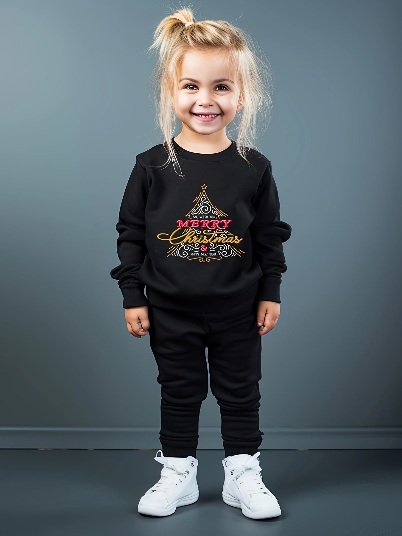 Cartoon Christmas Tree Crew Neck Sweatshirt & Sweatpants Set for Girls