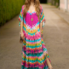 Boho Tie Dye Bat Sleeve V Neck Cover Up Dress