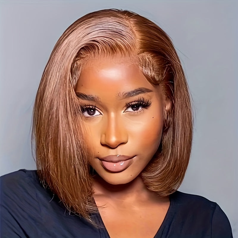 High Density Brown Short Straight Bob Cut Lace Front Human Hair Wig