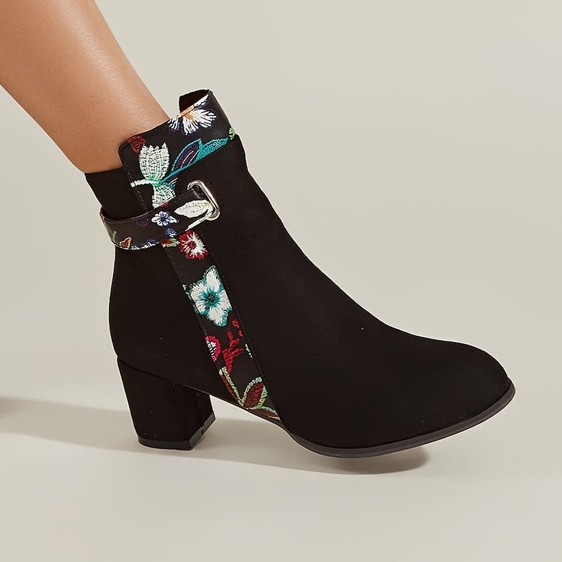 Floral Pattern Boots Point Toe Block Heel Side Zipper Winter Shoes