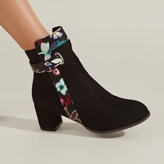 Floral Pattern Boots Point Toe Block Heel Side Zipper Winter Shoes