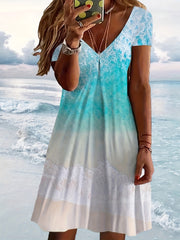 Sea Print Short Sleeve V Neck Dress