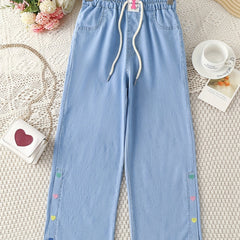 Girls Heart Print Casual Wide Leg Jeans for Children