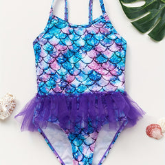Girls Mermaid Fish Scale Print Swimsuit Sleeveless Camisole Mesh Decor