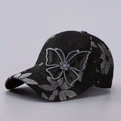 Flower Embroidery Baseball Cap Rhinestone Butterfly Patch Sunshade Dad Hat