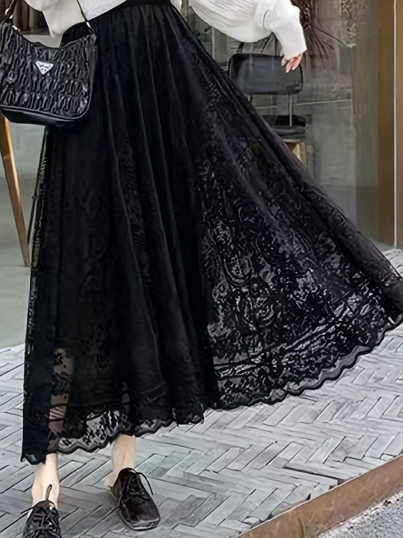 Lace Baroque Print Maxi Skirt - Solid Pleated Women's Clothing
