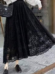 Lace Baroque Print Maxi Skirt - Solid Pleated Women's Clothing