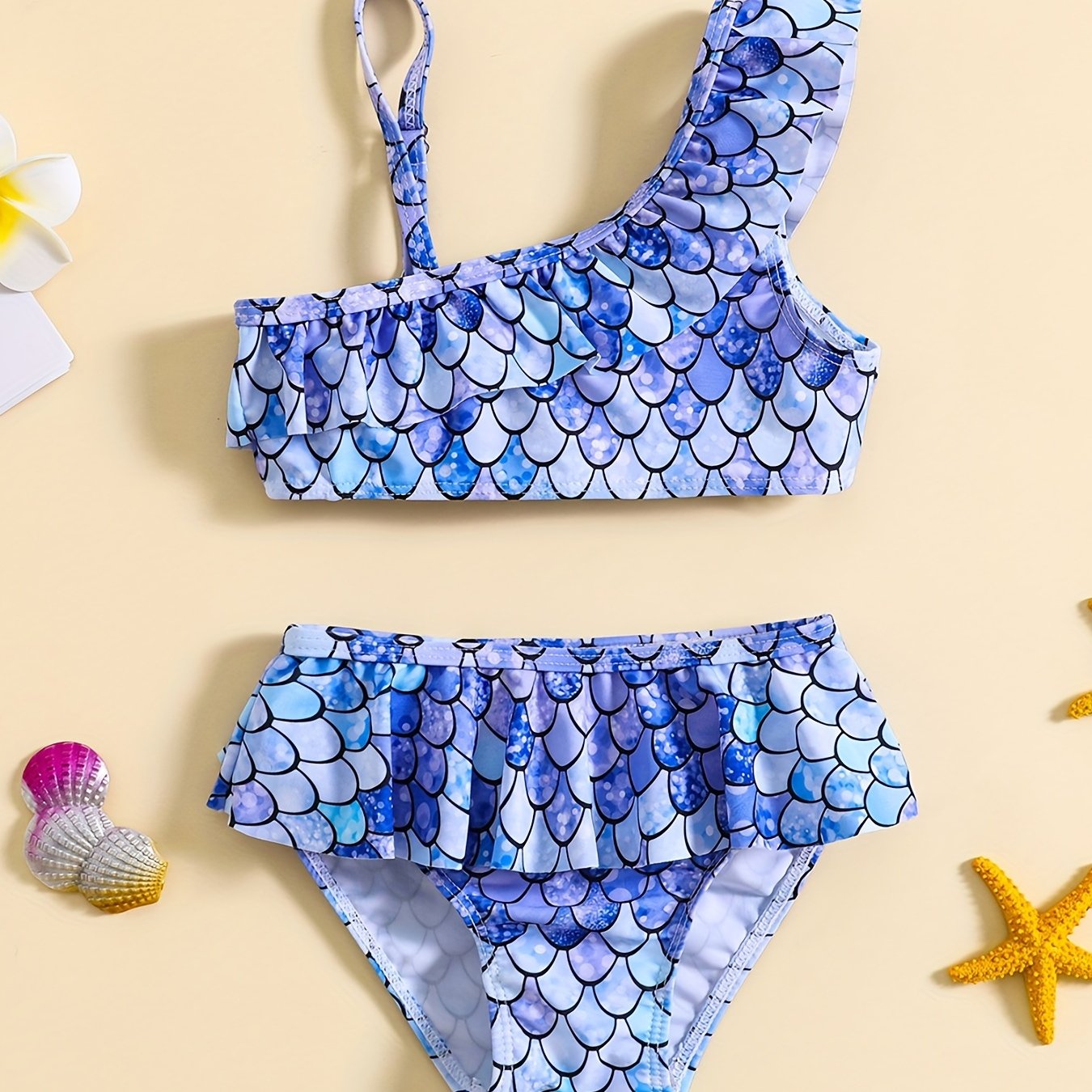 Mermaid One Shoulder Suspenders Split Swimsuit Set