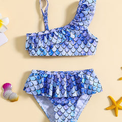 Mermaid One Shoulder Suspenders Split Swimsuit Set