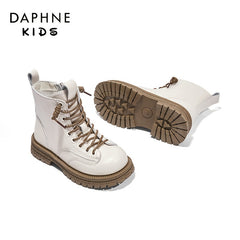 DAPHNE Girls Winter Fleece Boots Lace Up Leather Ankle Boots