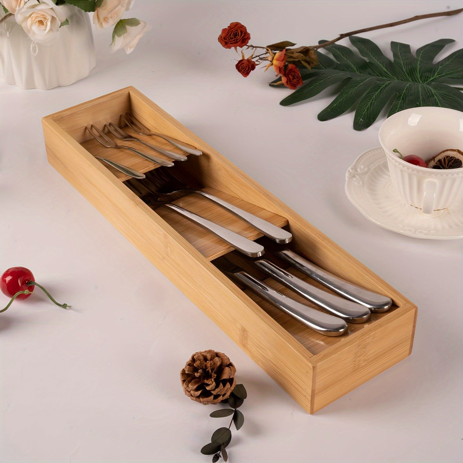 Bamboo Drawer Divider Organizer Cutlery Tray Kitchen Utensil Holder