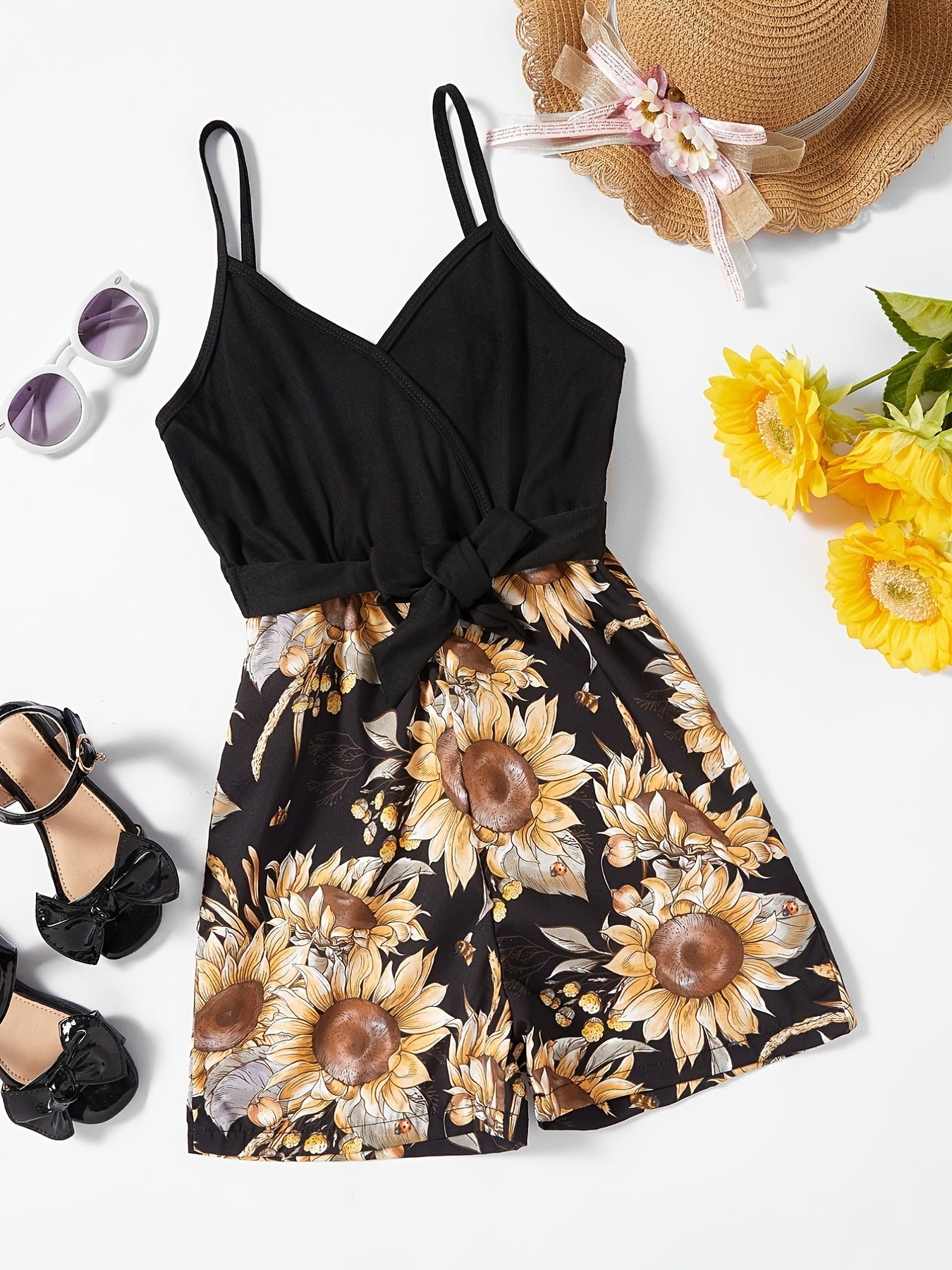 Toddler Girls Sunflower Graphic Cami Rompers Jumpsuits