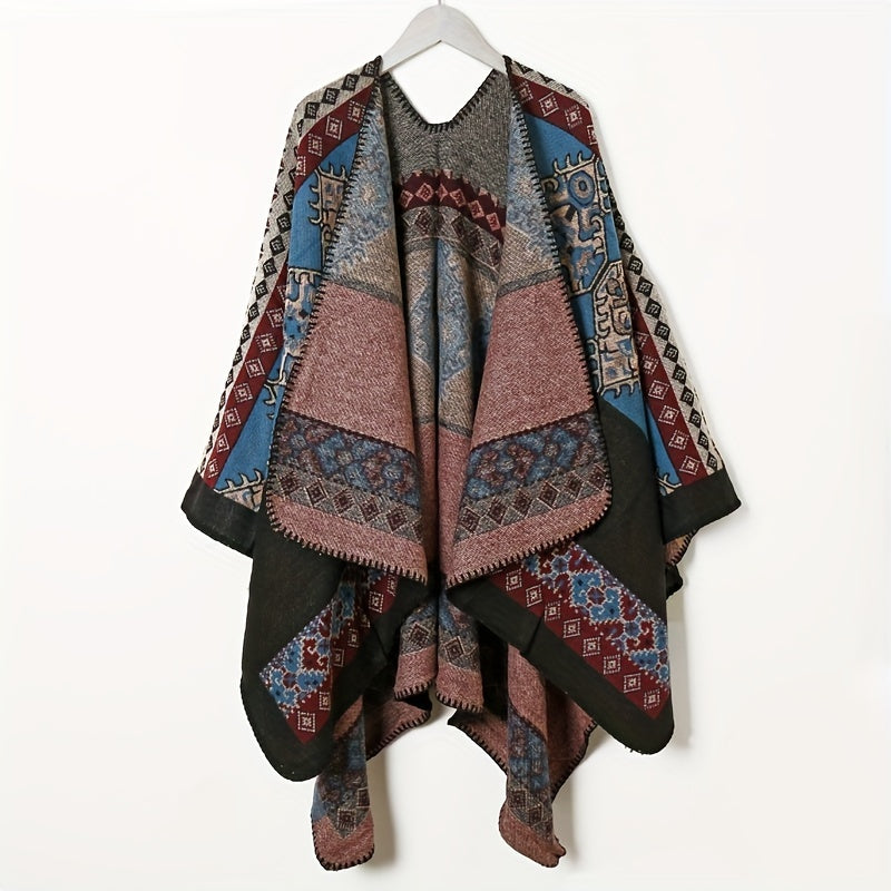 Boho Vintage Cashmere Plaid Jacquard Large Shawl Windproof Cape Scarf
