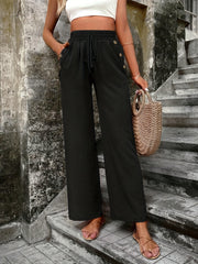 Elastic Waist Straight Leg Pants Casual Button Pocket Loose Pants