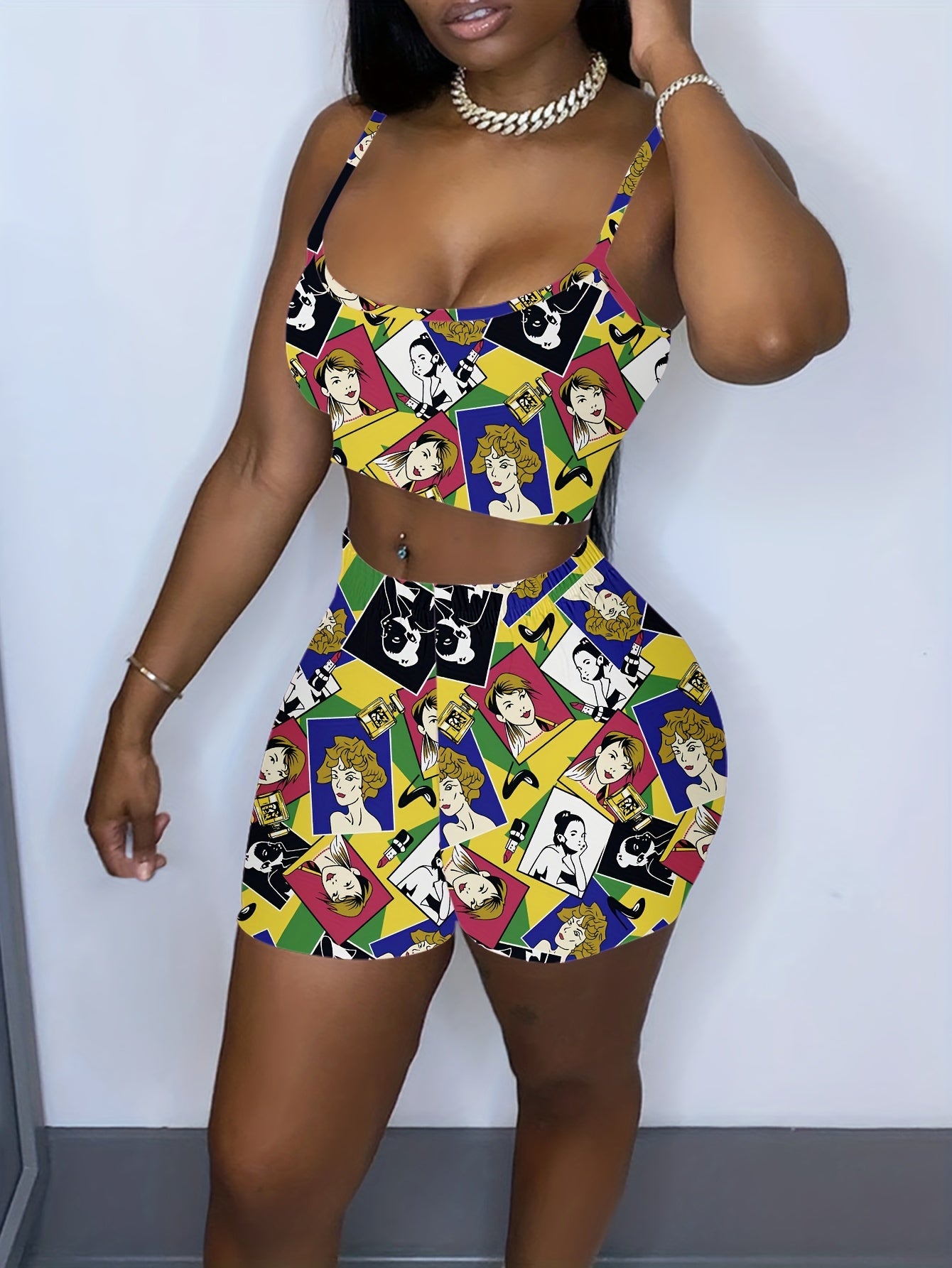 Cartoon Print Pajama Set Cami Top & Shorts