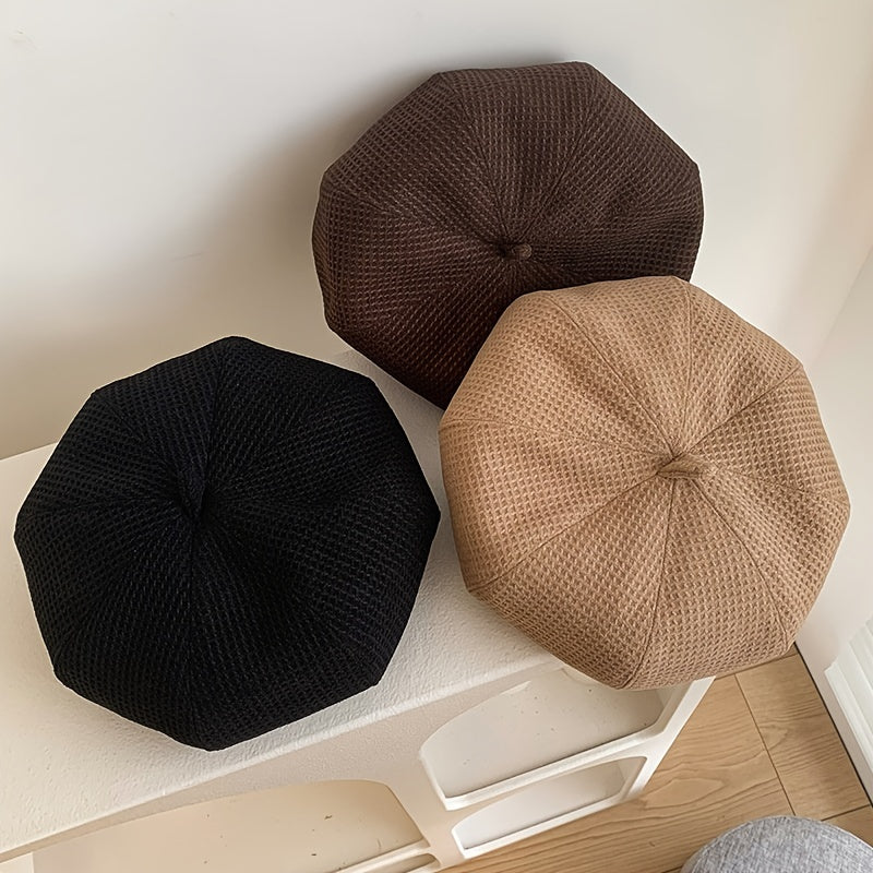 Embossed Beret Solid Vintage Painter Cap Octagonal Hat For Women