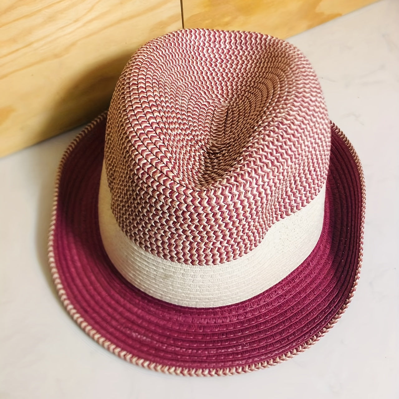 Rose Red Rolled Brim Fedora Cap Vintage Jazz Straw Hat Casual Block Top Hat